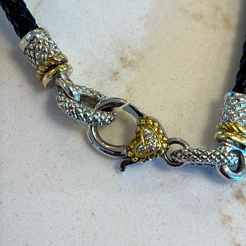 Judith Ripka fine jewelry braided leather necklace. Sterling, 18k, pave diamond